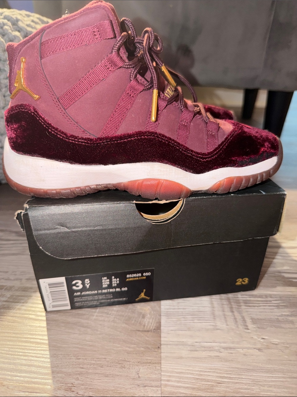 Jordan Velvet 11 High-Top Sneakers in Burgundy with Gold Accents